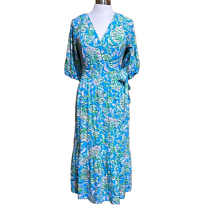 Lilly Pulitzer Brantley Midi Wrap Dress Blue Floral Size L - NWT